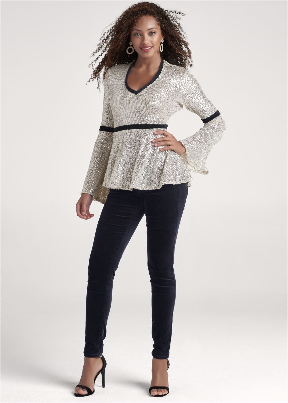 Venus Sequin Bell Sleeve Top in Champagne