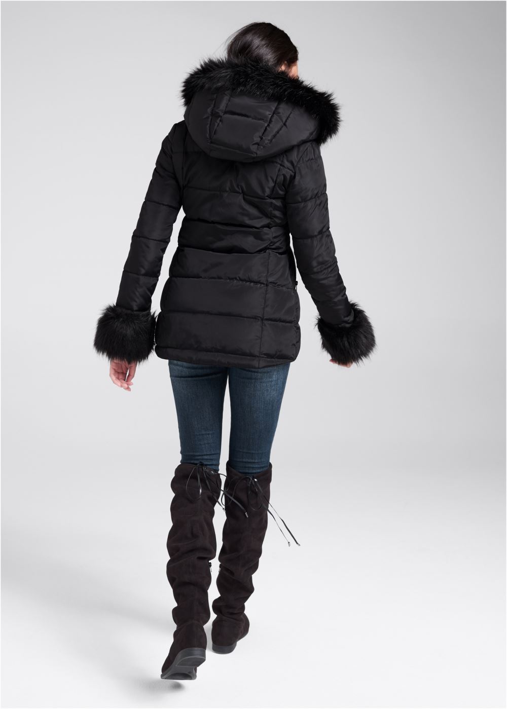 Venus Faux-Fur Trim Puffer Coat in Black