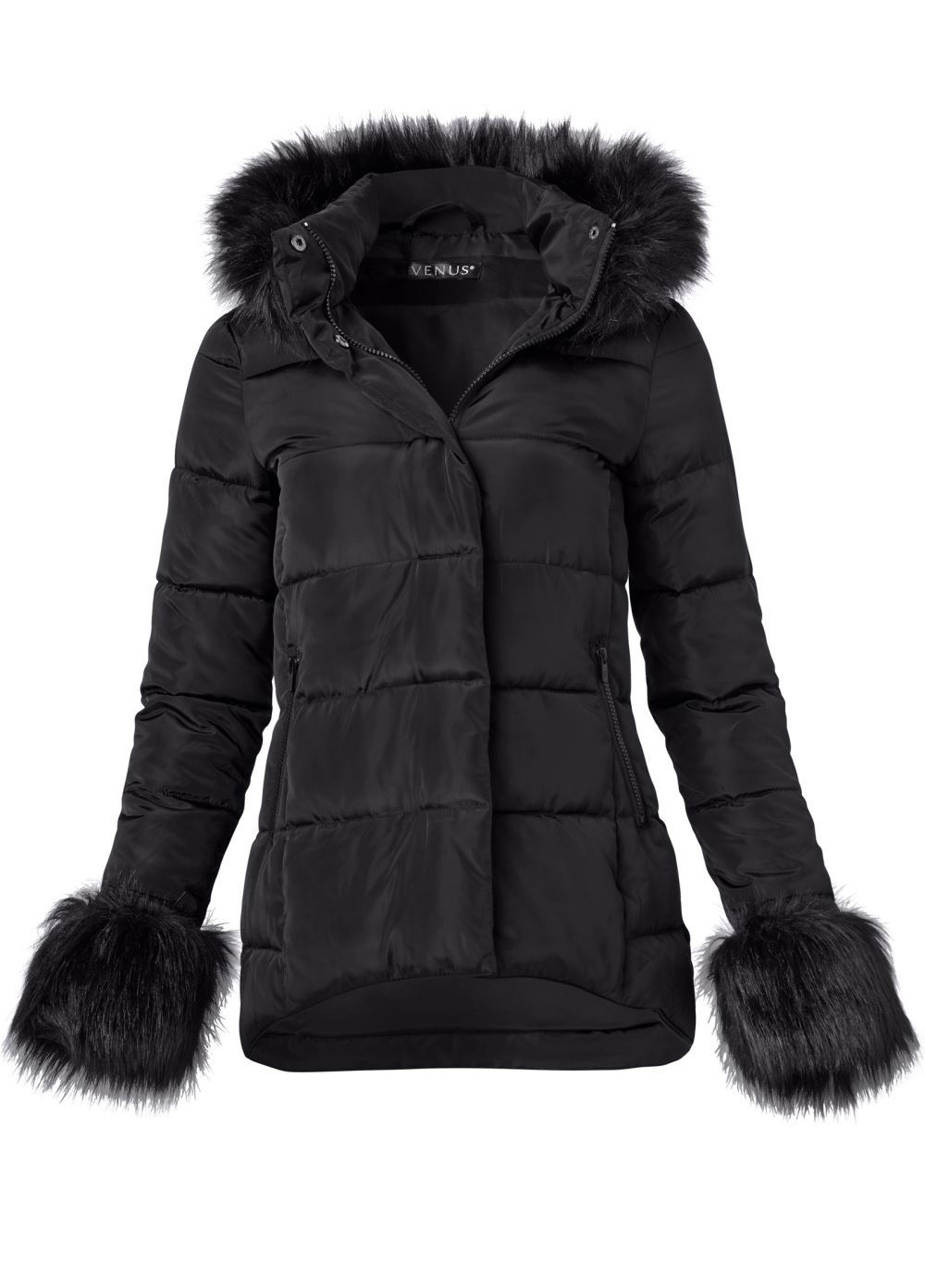 Venus Faux-Fur Trim Puffer Coat in Black