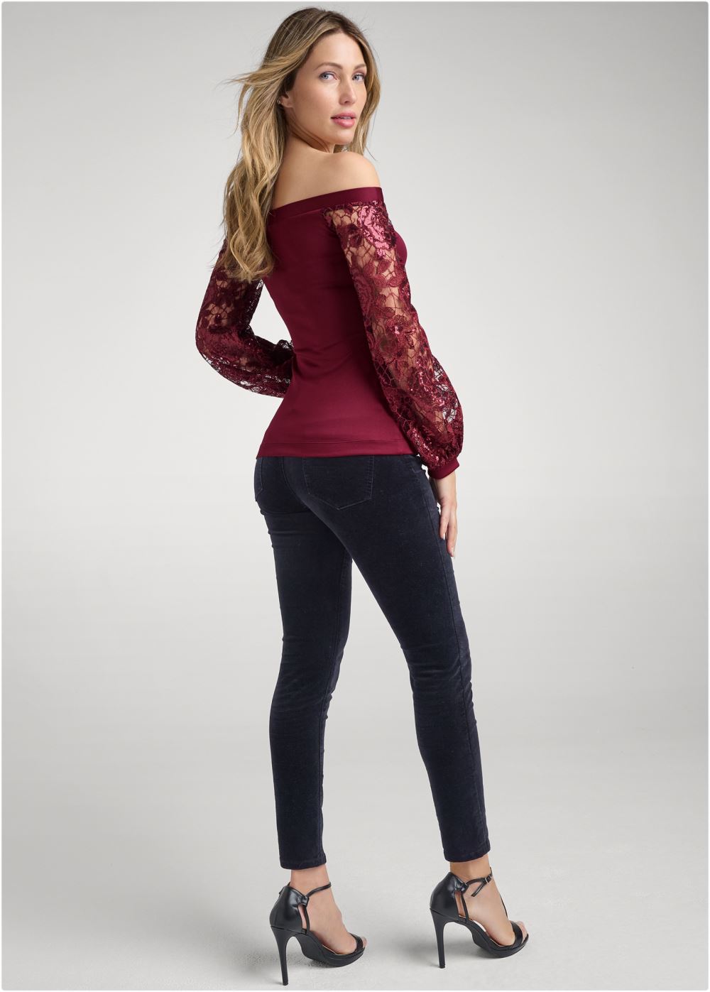Venus Embellished Lace Sleeve Top in Burgundy