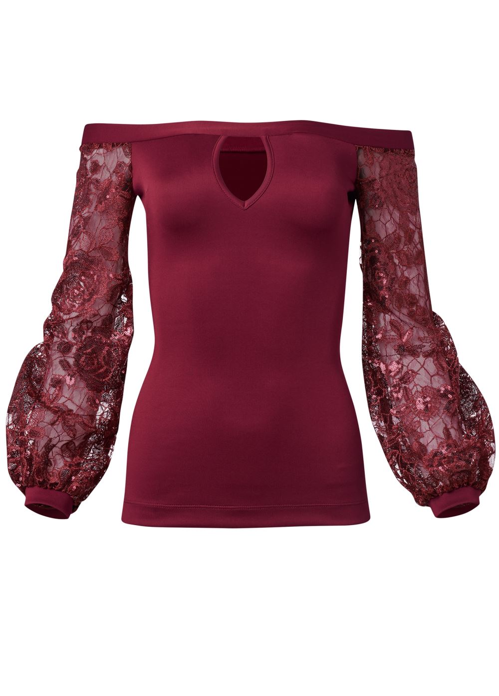 Venus Embellished Lace Sleeve Top in Burgundy
