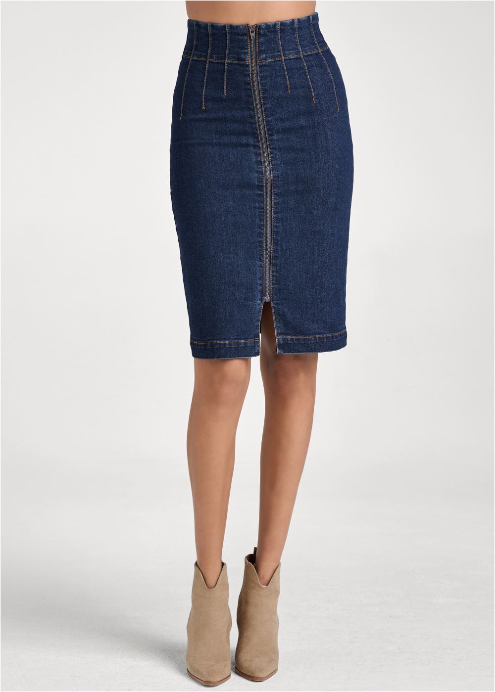 Venus Pintuck Front Zipper Skirt - Dark Wash