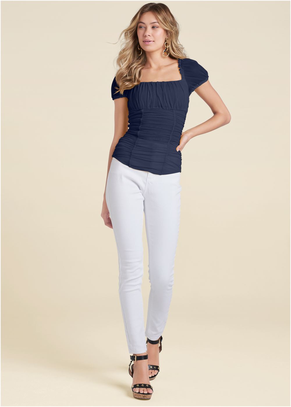 Venus Ruched Mesh Short Sleeve Top in Navy
