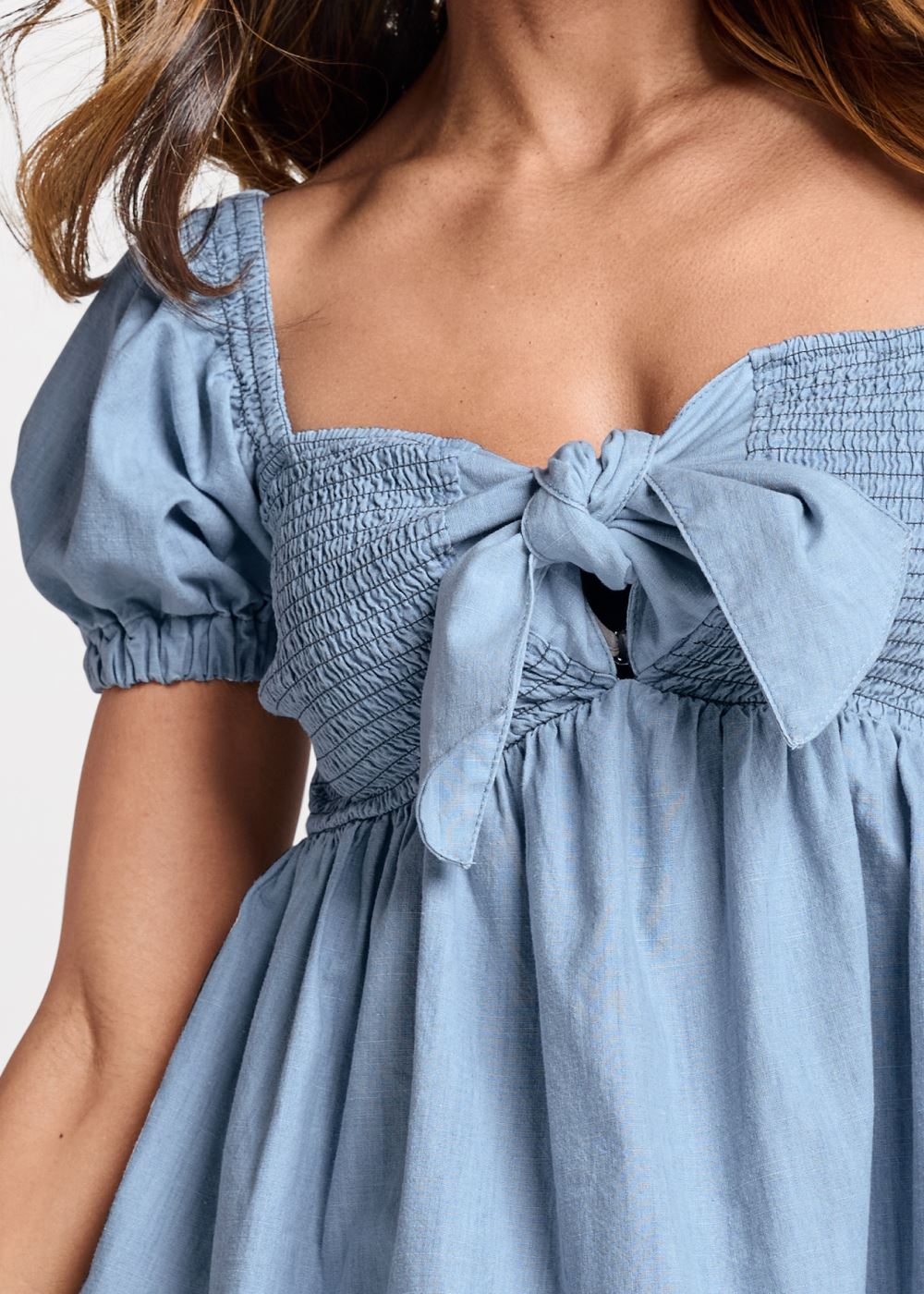 Venus Smocked Chambray Top in Light Wash