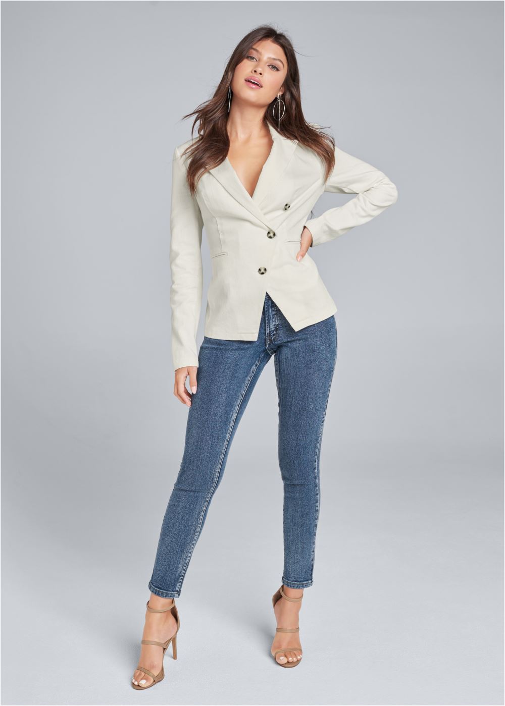 Venus Twill Button-Front Blazer in White