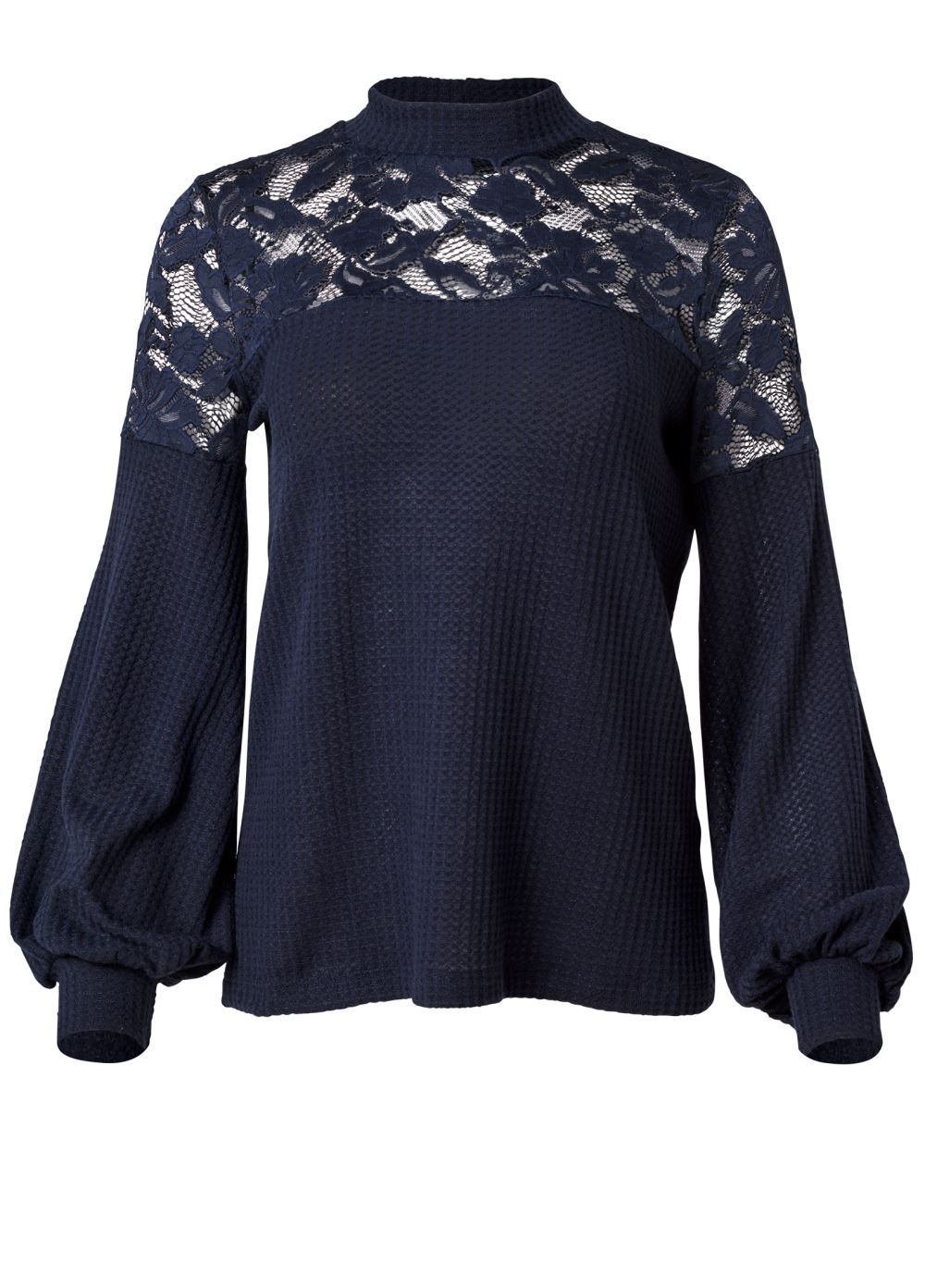 Venus Waffle Mock-Neck Lace Top in Navy