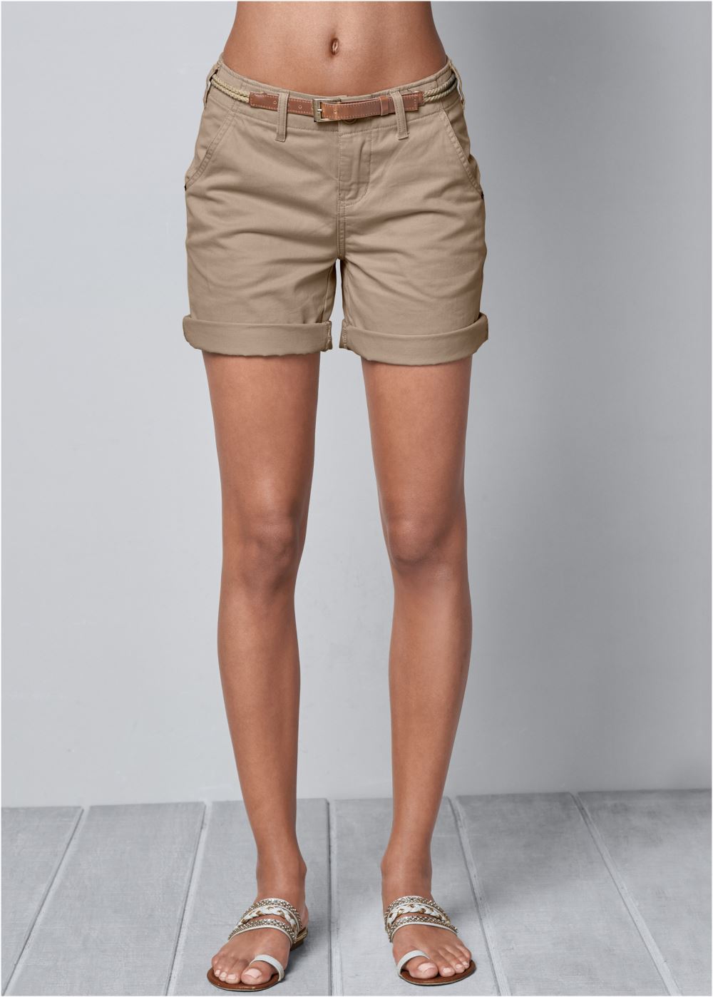 Venus Belted Cuffed Shorts - Khaki