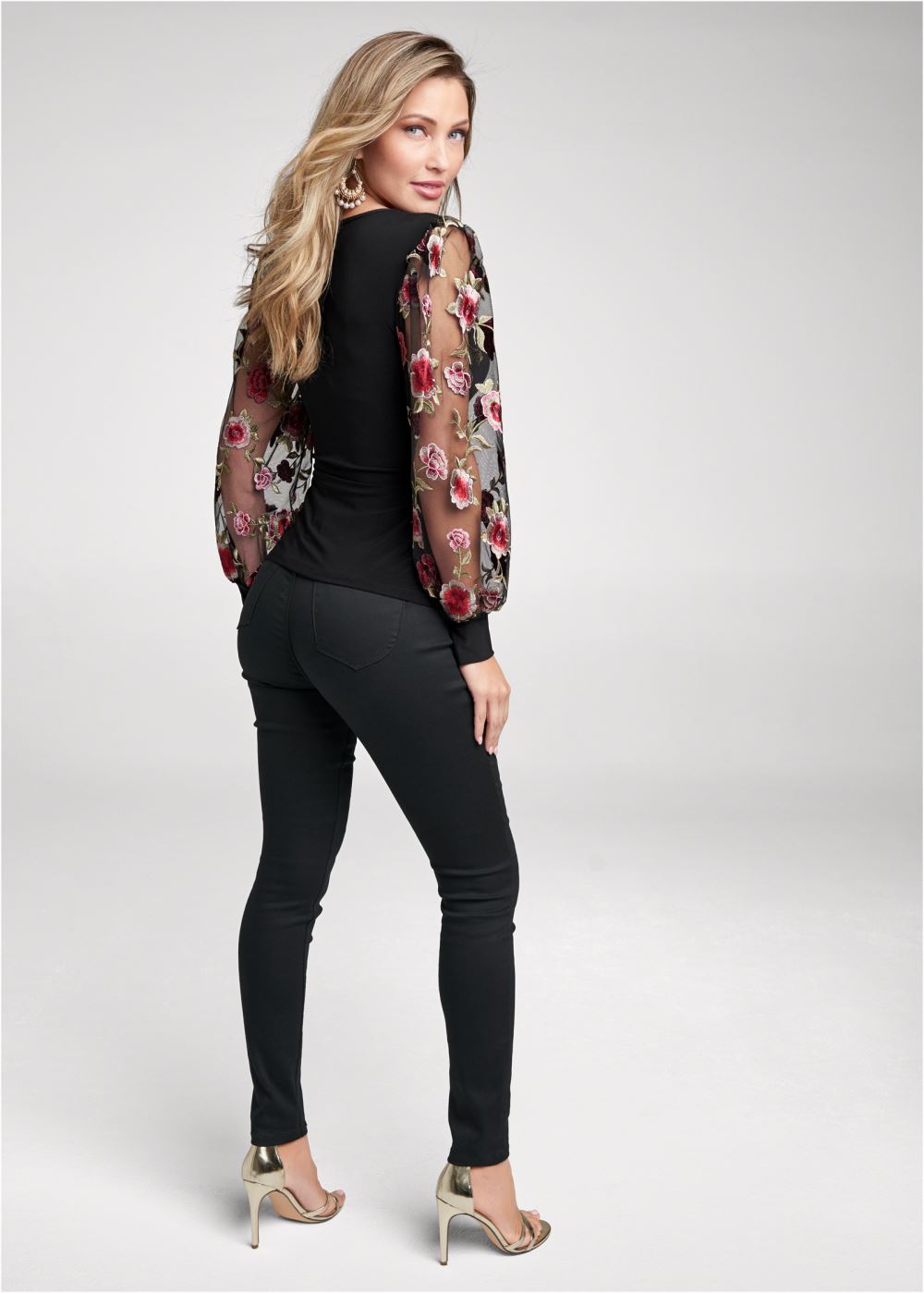 Venus Embroidered Sleeve Top in Black Multi
