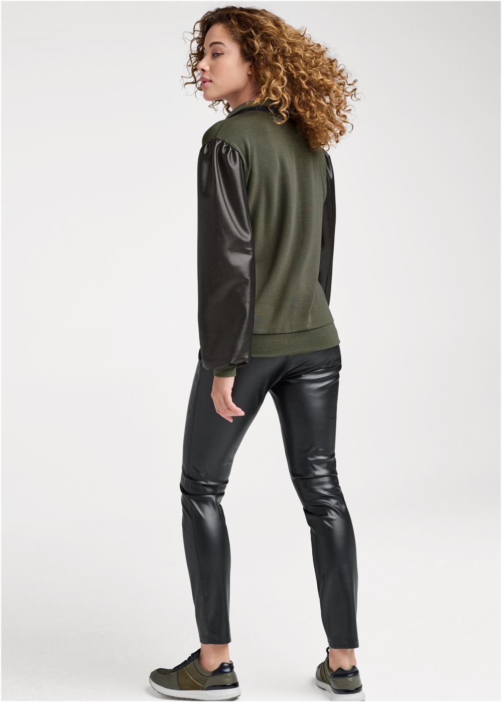 Venus Faux-Leather Zip Sweatshirt in Olive & Black