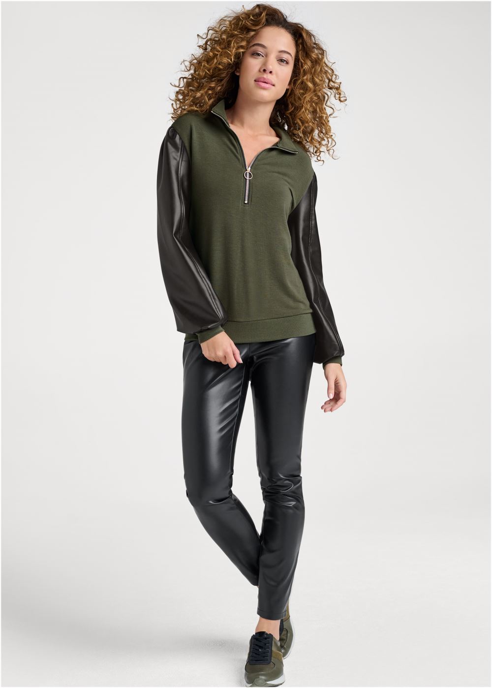 Venus Faux-Leather Zip Sweatshirt in Olive & Black