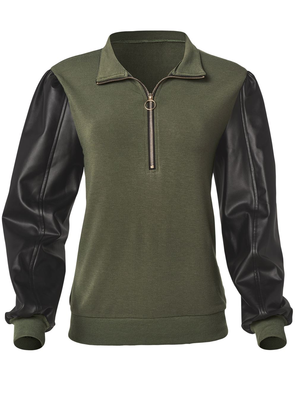 Venus Faux-Leather Zip Sweatshirt in Olive & Black