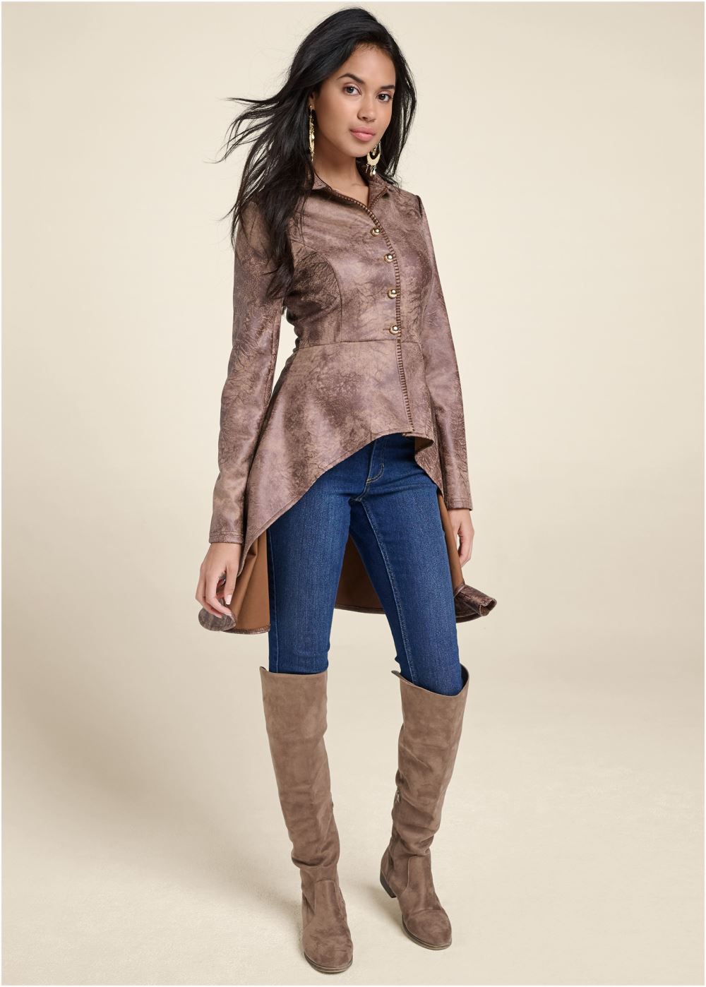 Venus Distressed Faux Suede Scuba Hi Low Jacket in Brown Multi