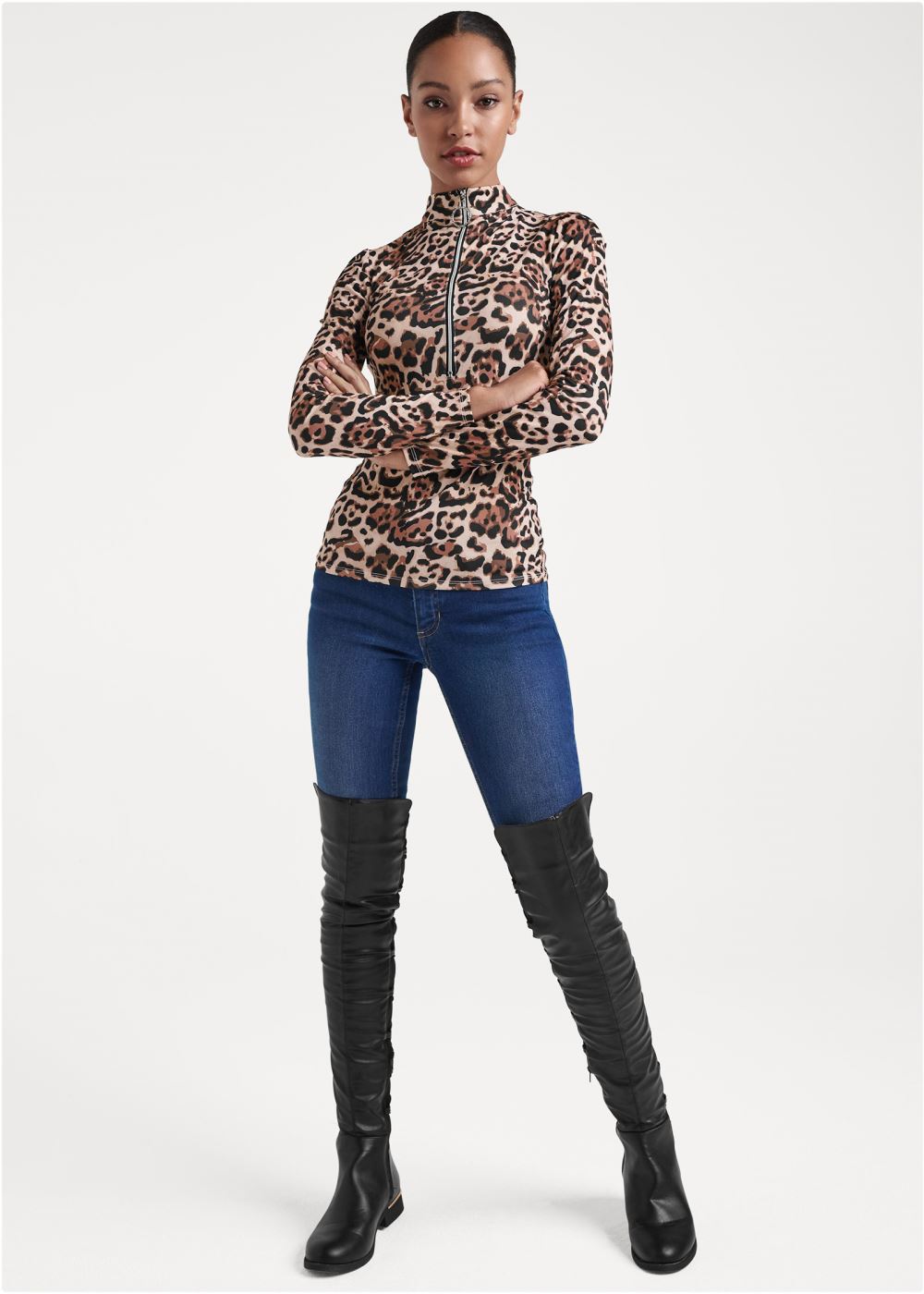 Venus Animal Print Half Zip Top in Brown Multi