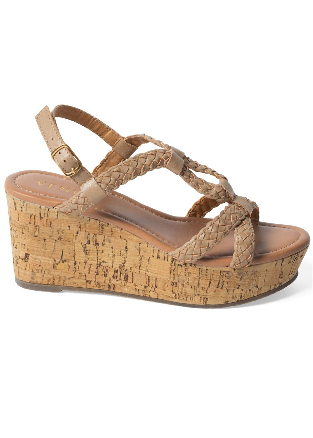 Venus Braided Strappy Cork Wedges in Taupe