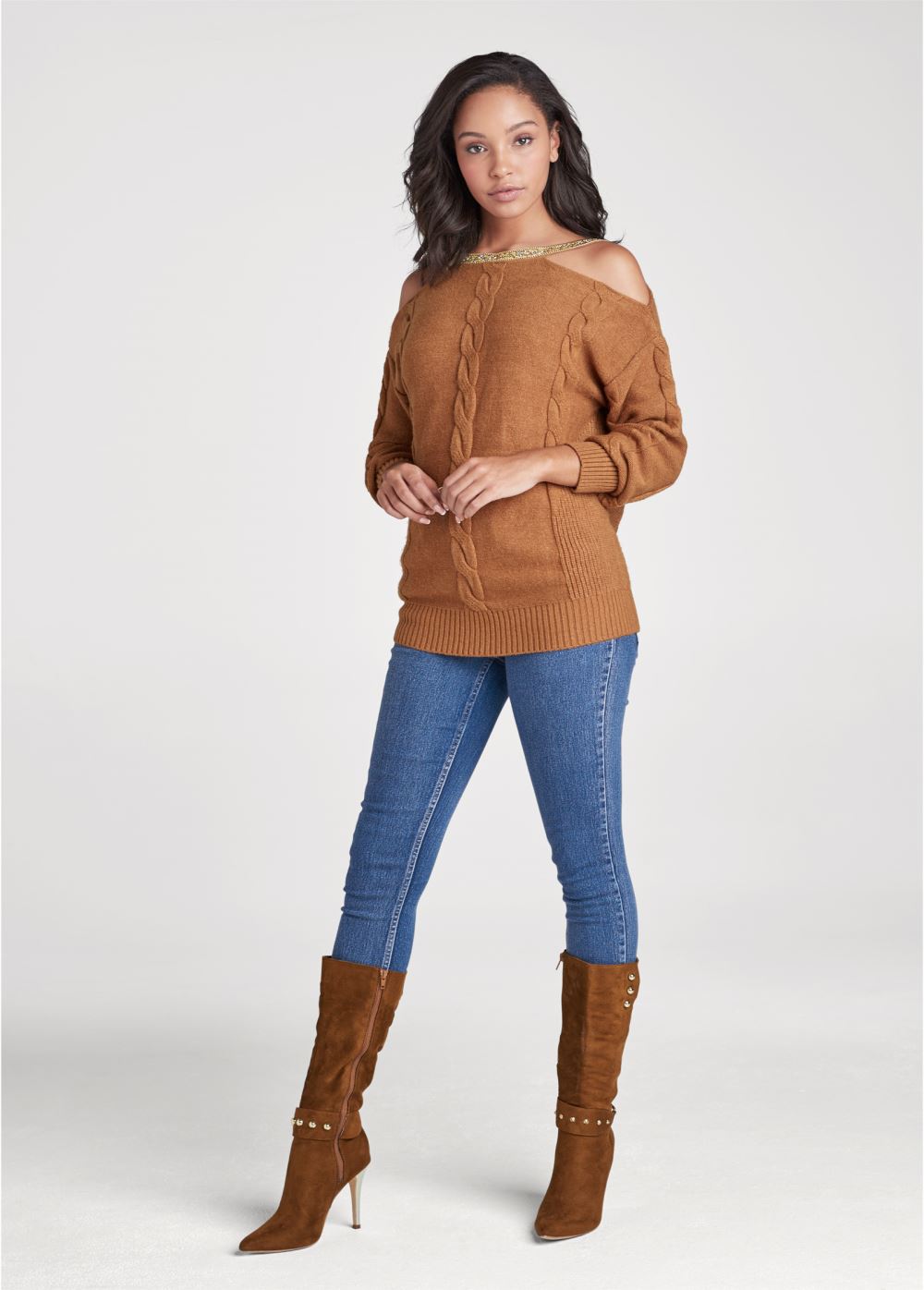 Venus VENUS | Embellished Neckline Sweater in Brown