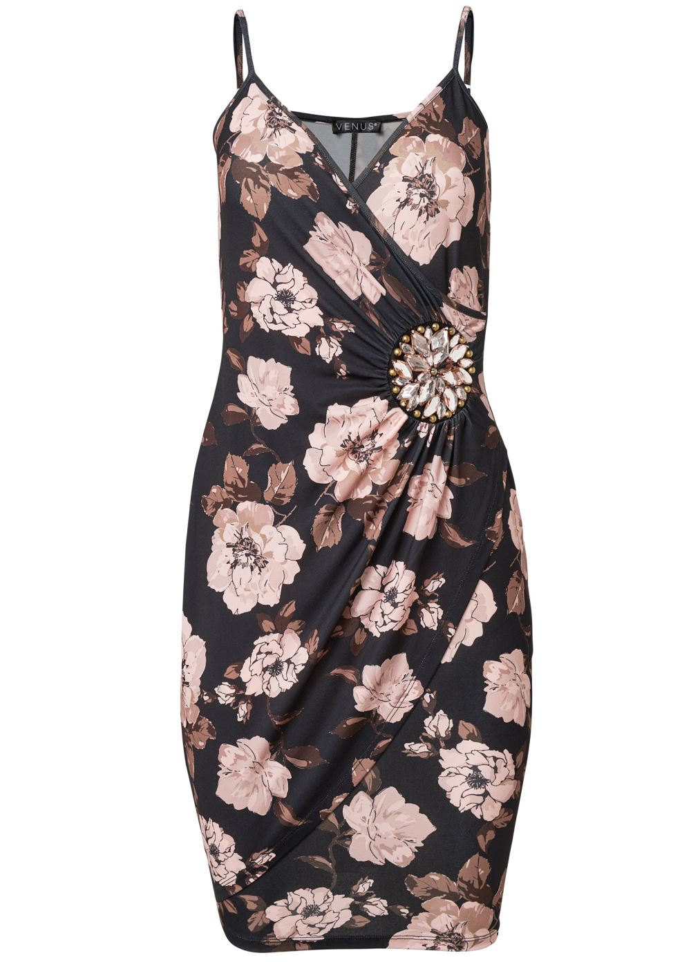 Venus Surplice Fall Floral Mini Dress - Black Multi