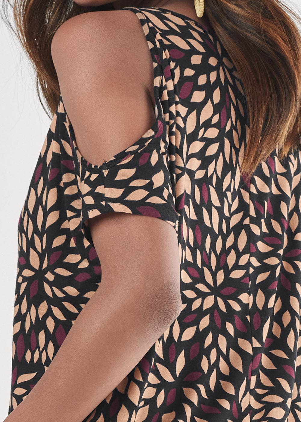 Venus Printed Cold-Shoulder Top in Brown Multi