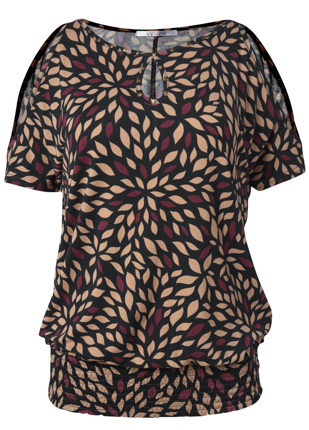 Venus Printed Cold-Shoulder Top in Brown Multi
