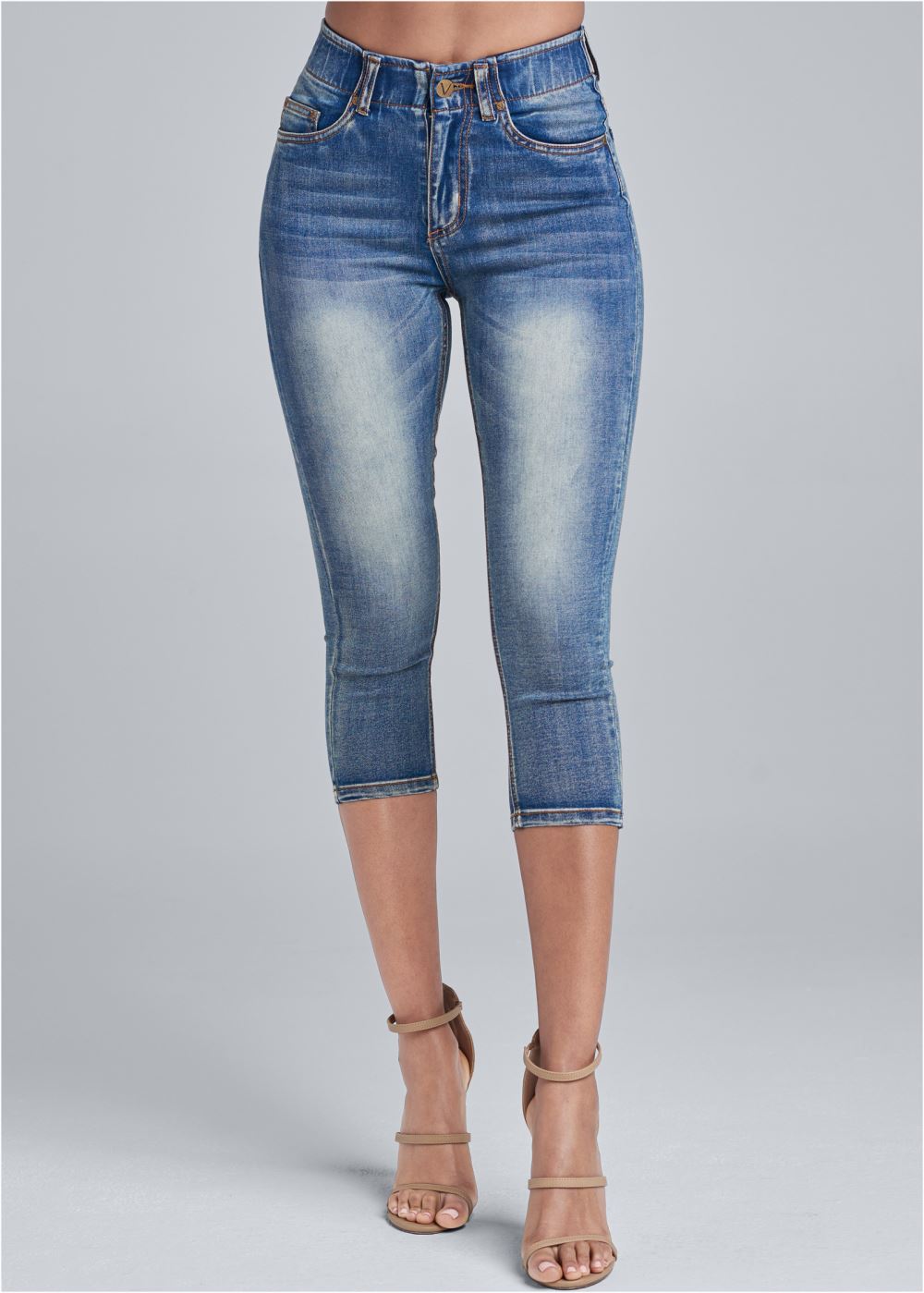 Venus Elastic Waistband Jean Capris in Medium Wash