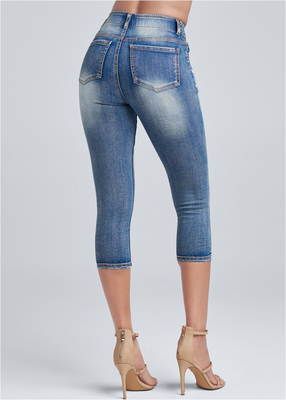 Venus Elastic Waistband Jean Capris in Medium Wash