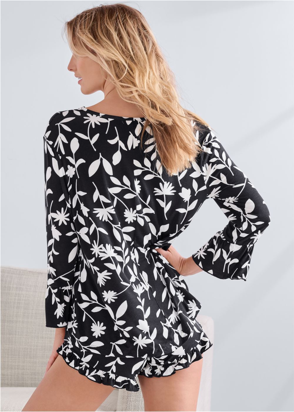 Venus Black Floral Ruffle Pajama Shorts Set