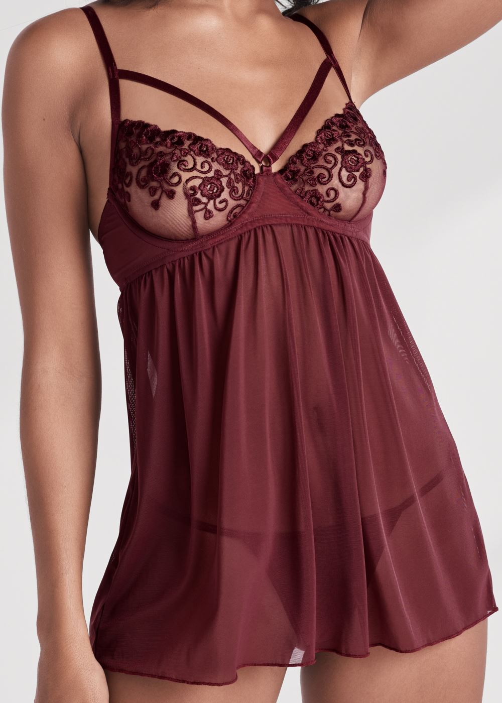 Venus Burgundy EMBROIDERED BABYDOLL SET