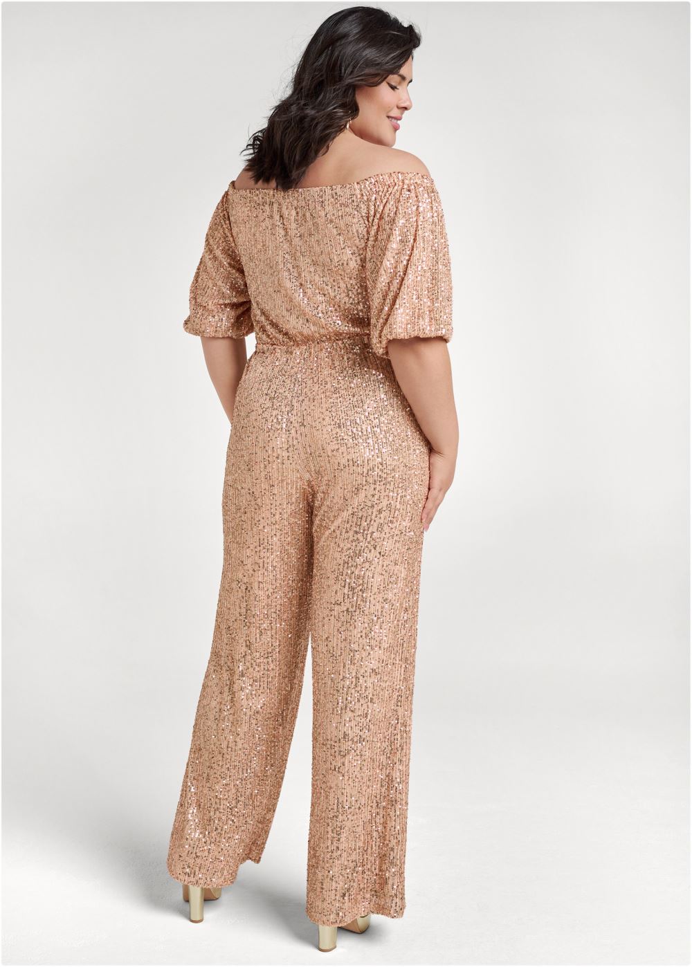 Venus Plus Size Off-Shoulder Sequin Jumpsuit in Rose Gold
