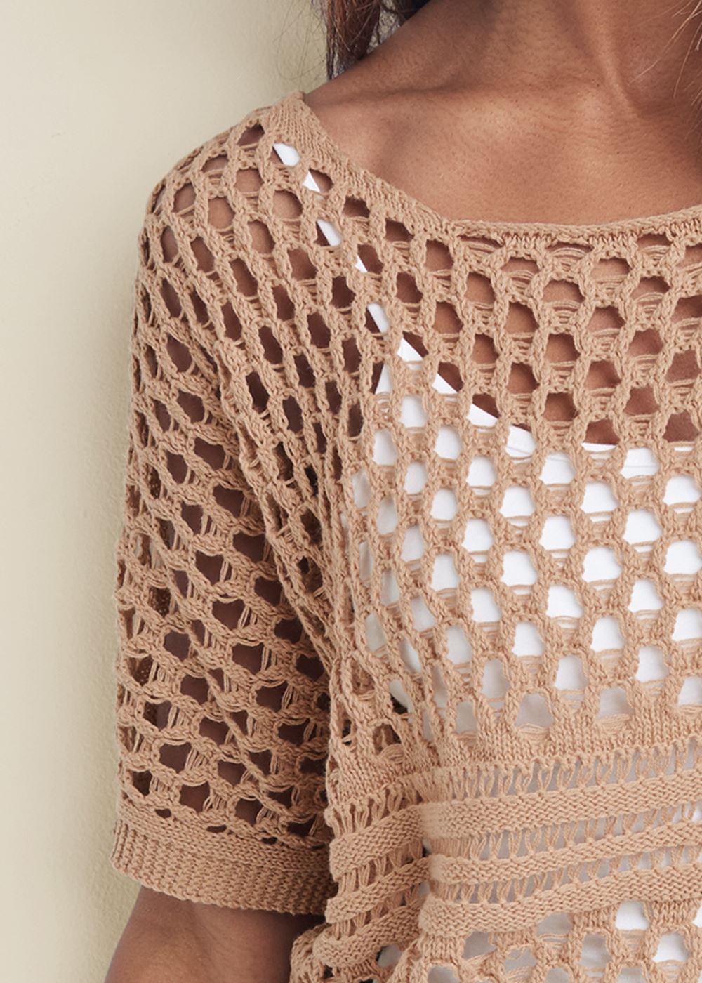 Venus Plus Size Open Knit Sweater in Tan