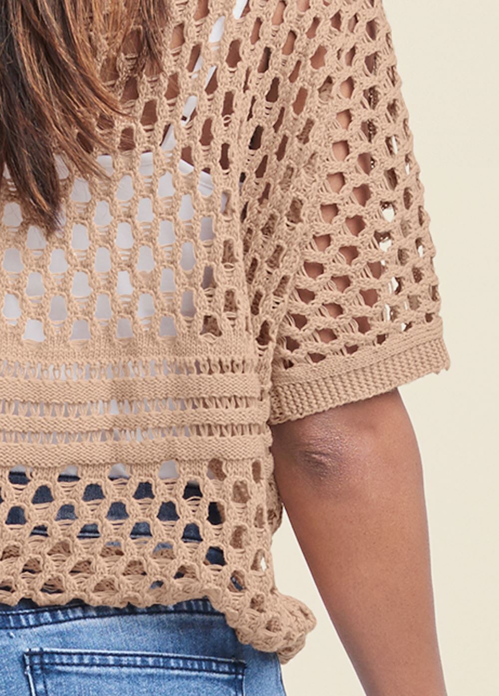 Venus Plus Size Open Knit Sweater in Tan