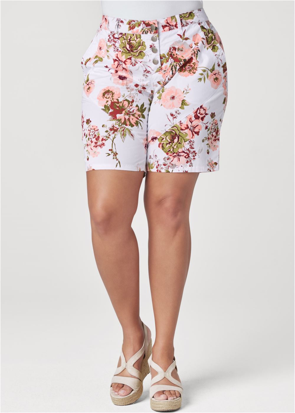 Venus Plus Size Rolled Cuff Shorts - White Multi