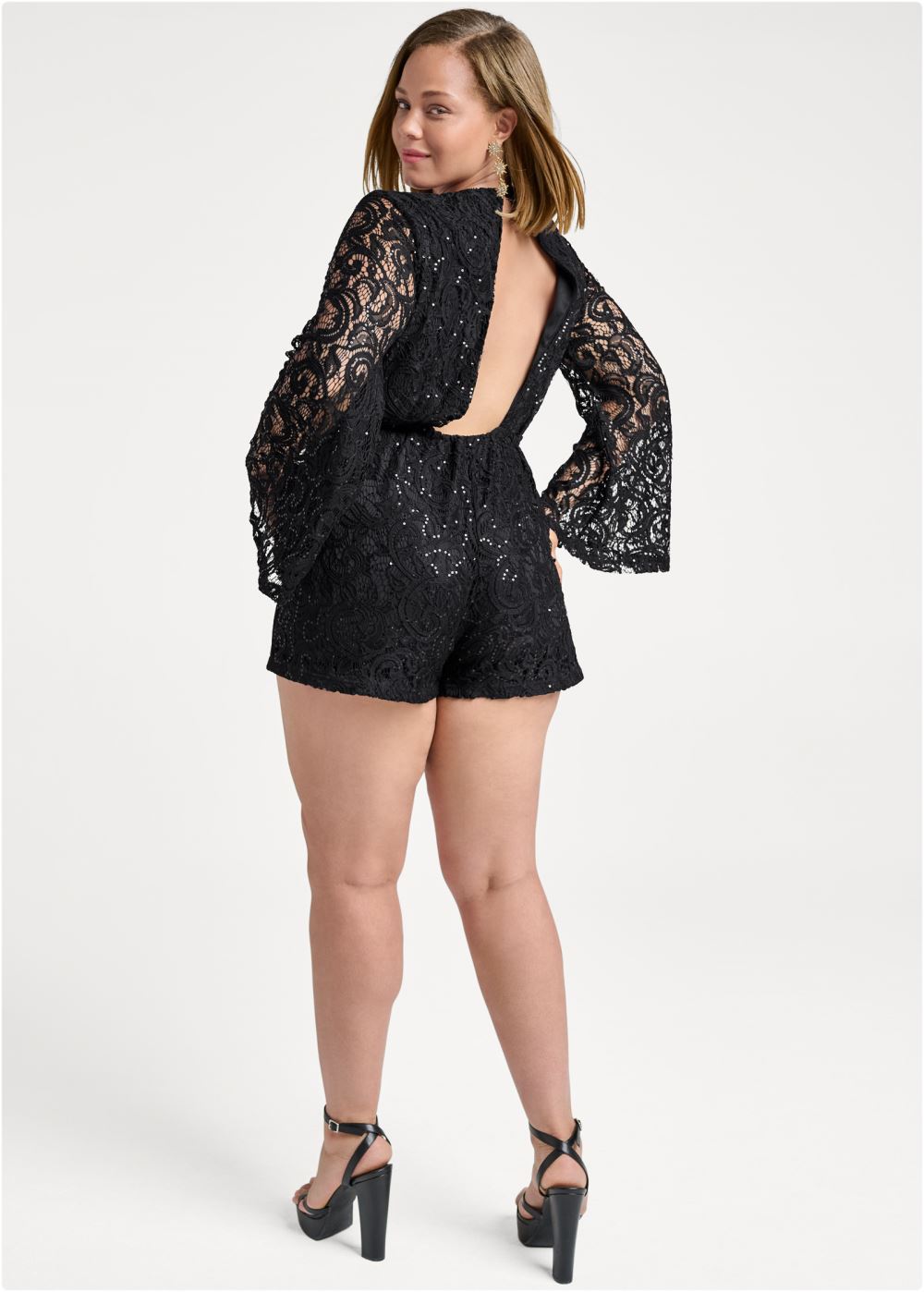 Venus Plus Size Sequin Lace Open-Back Romper in Black