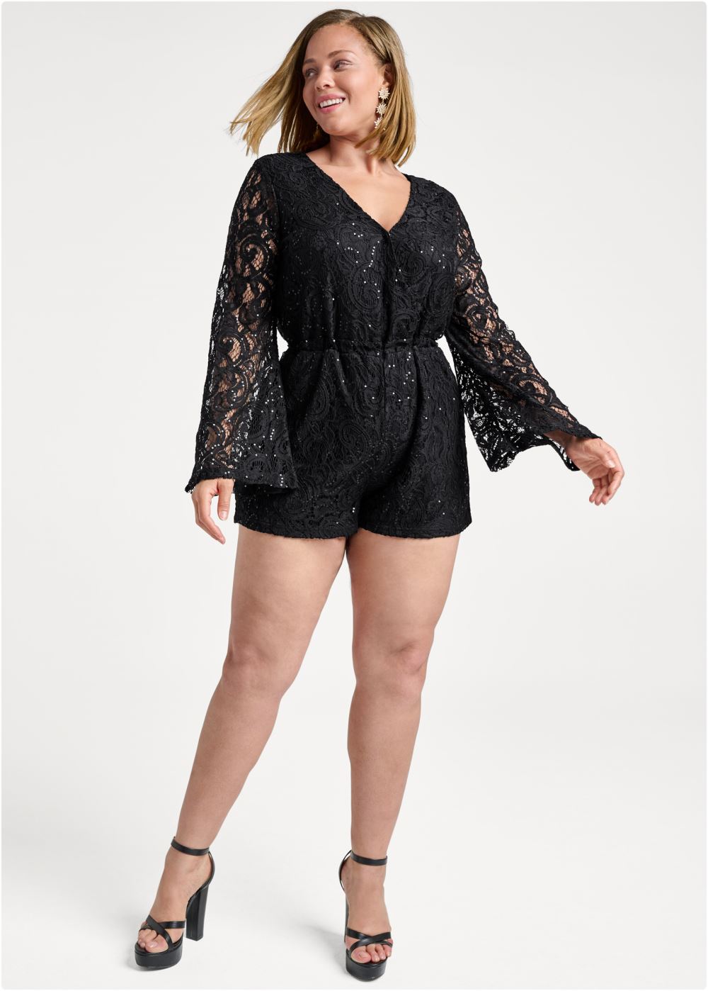 Venus Plus Size Sequin Lace Open-Back Romper in Black