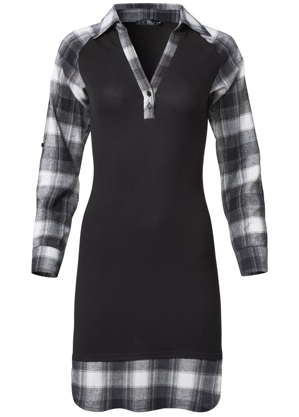 Venus Black & White PLAID DETAIL HENLEY DRESS