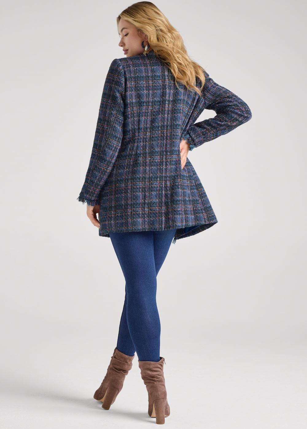 Venus Open Front Tweed Fringe Jacket in Navy Multi