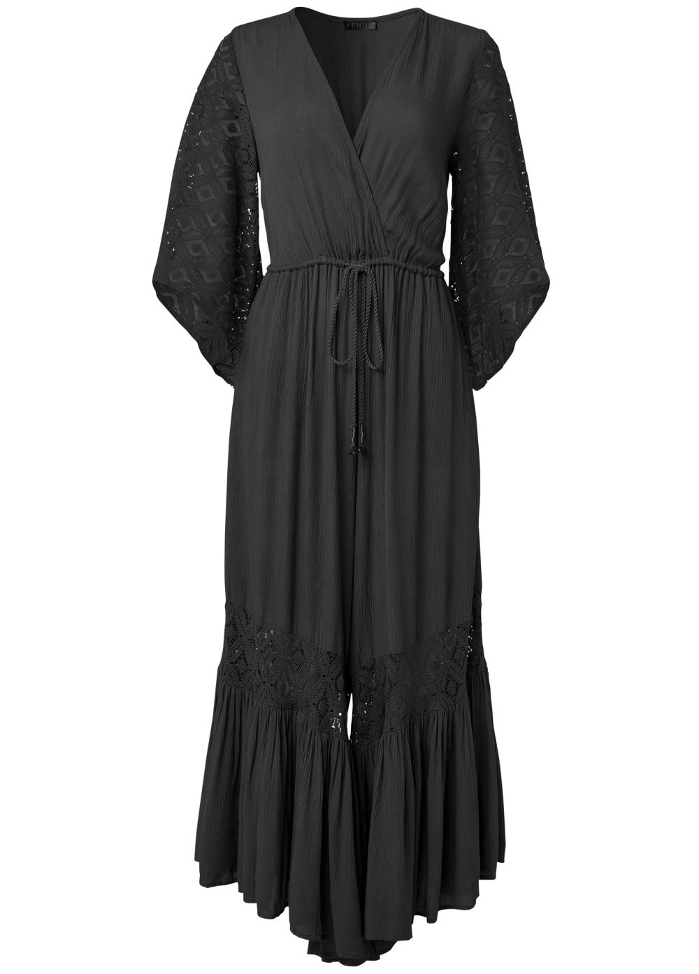 Venus Plus Size Wide Leg Lace Trim Jumpsuit in Black
