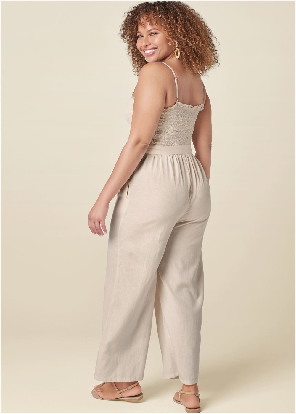 Venus Plus Size Smocked Detail Linen Jumpsuit in Sand