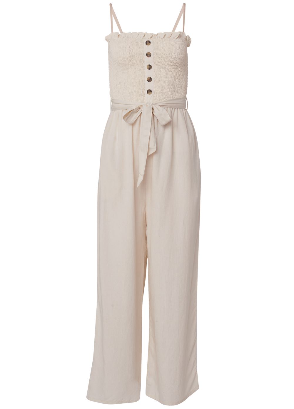 Venus Plus Size Smocked Detail Linen Jumpsuit in Sand