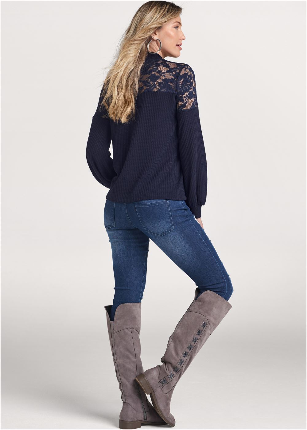 Venus Plus Size Waffle Mock-Neck Lace Top