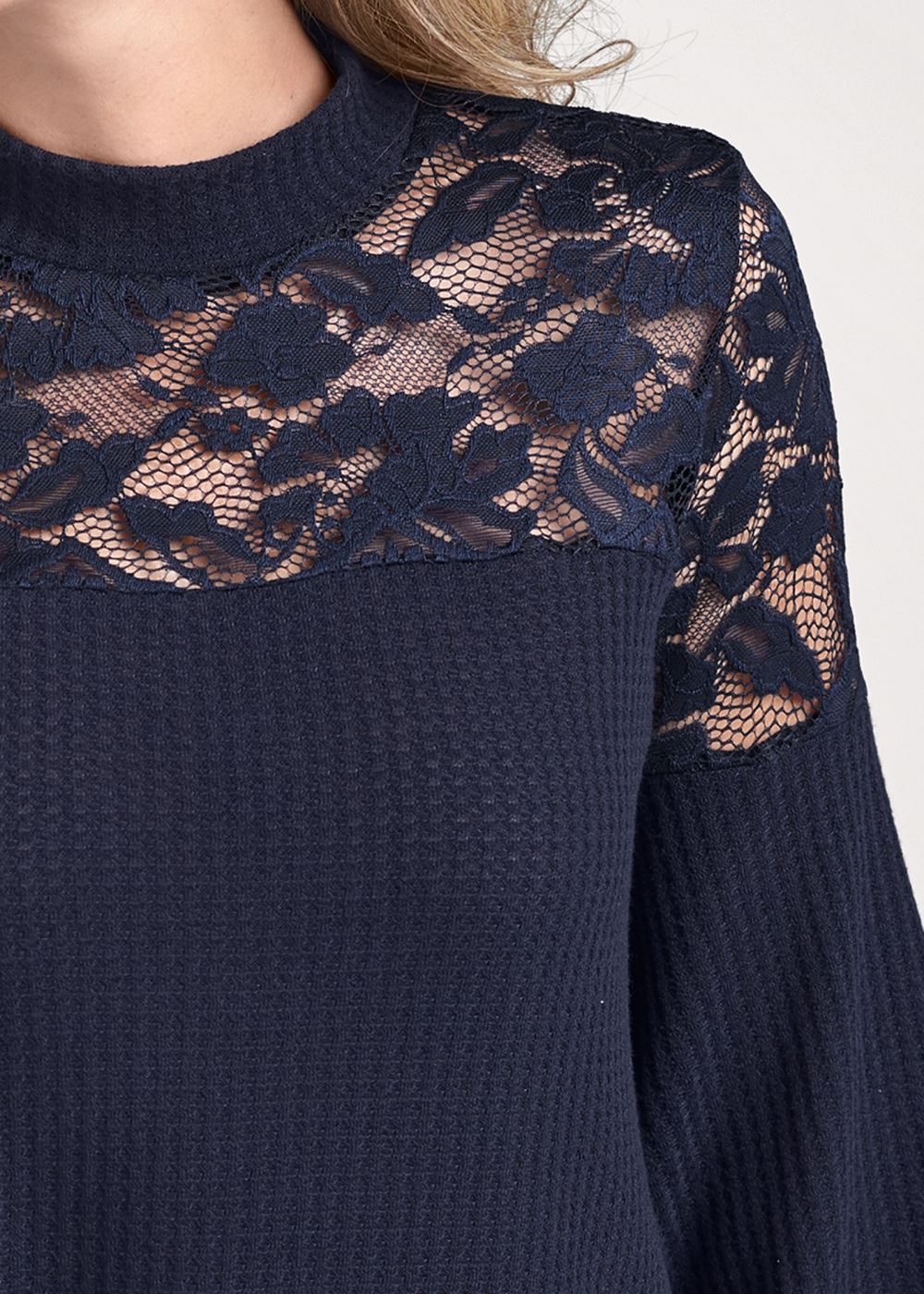 Venus Plus Size Waffle Mock-Neck Lace Top