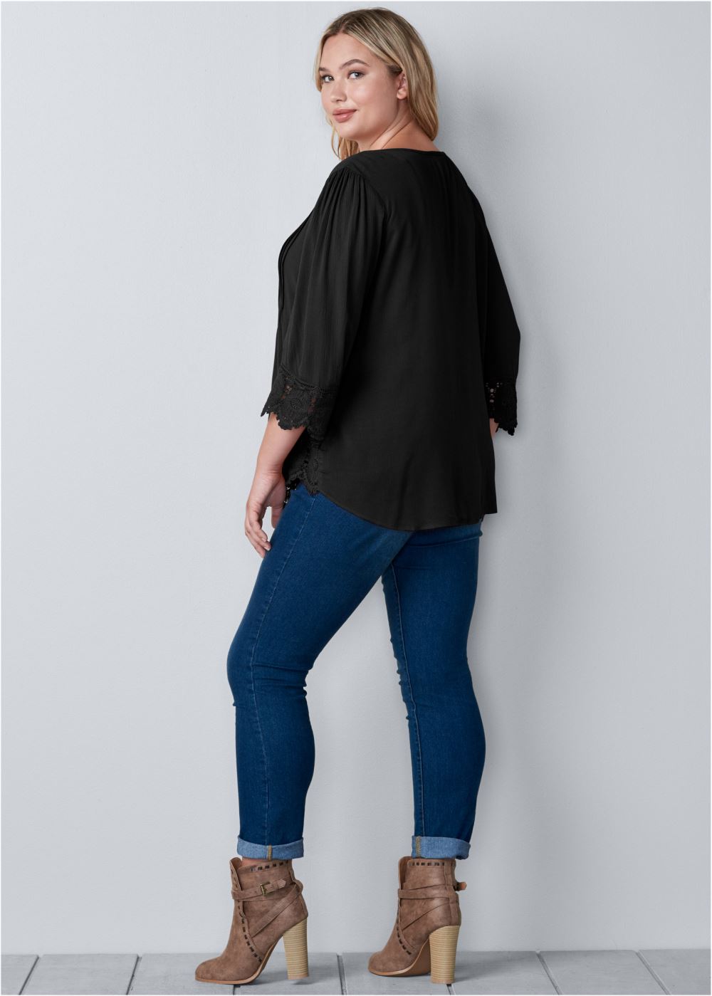Venus Plus Size Lace Detail Button-Up Top
