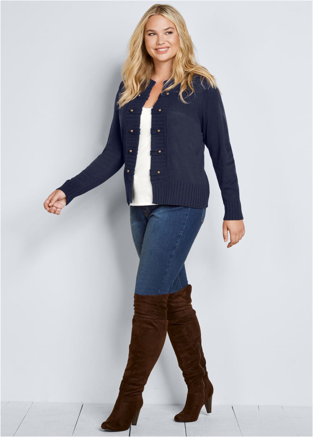 Venus Plus Size Tab Button Detail Cardigan in Navy