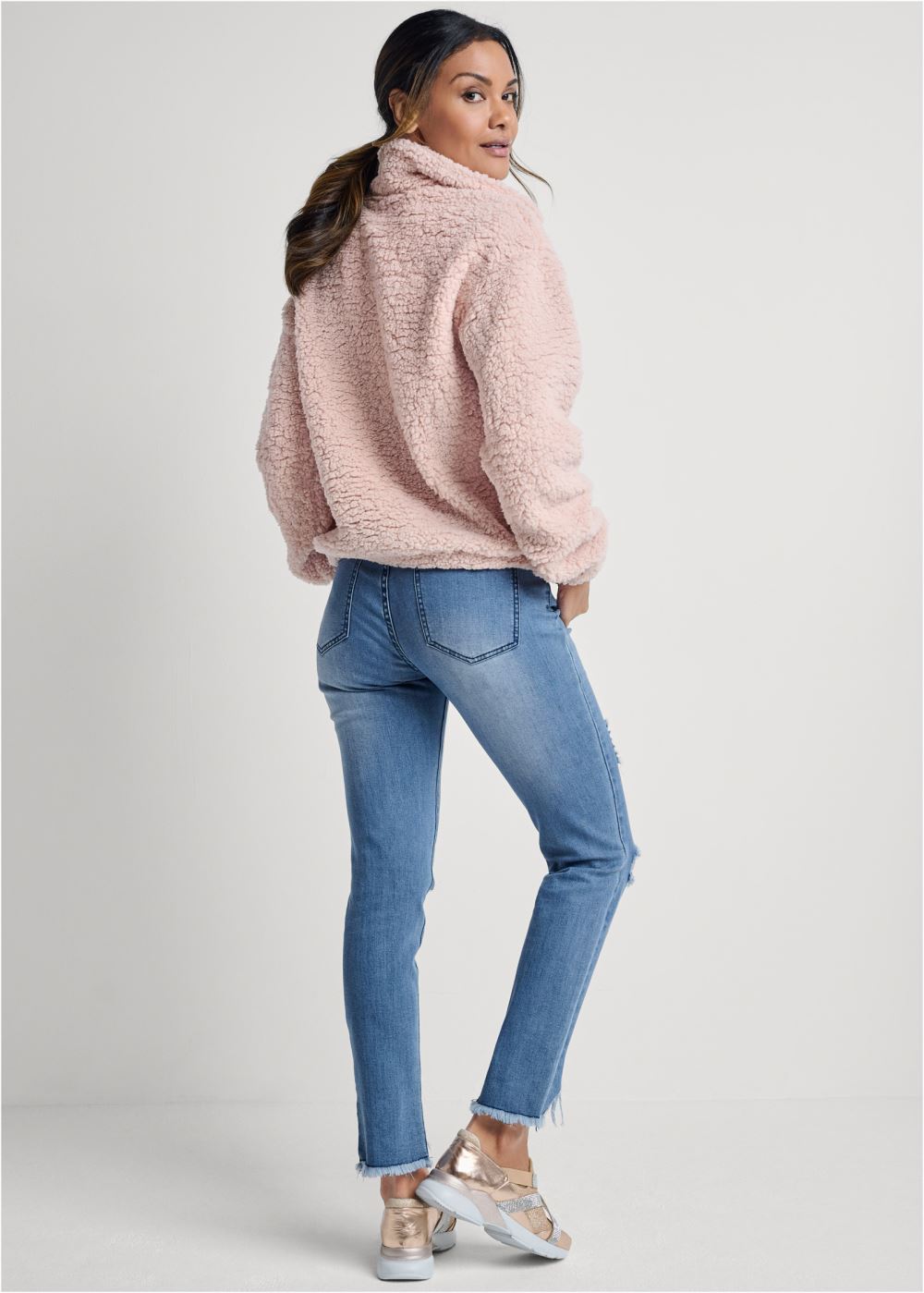Venus Plus Size Cozy Sherpa Collar Sweatshirt in Peach Blush