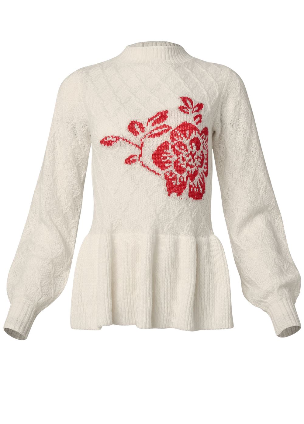 Venus Plus Size Rose Detail Peplum Sweater in Off White & Red