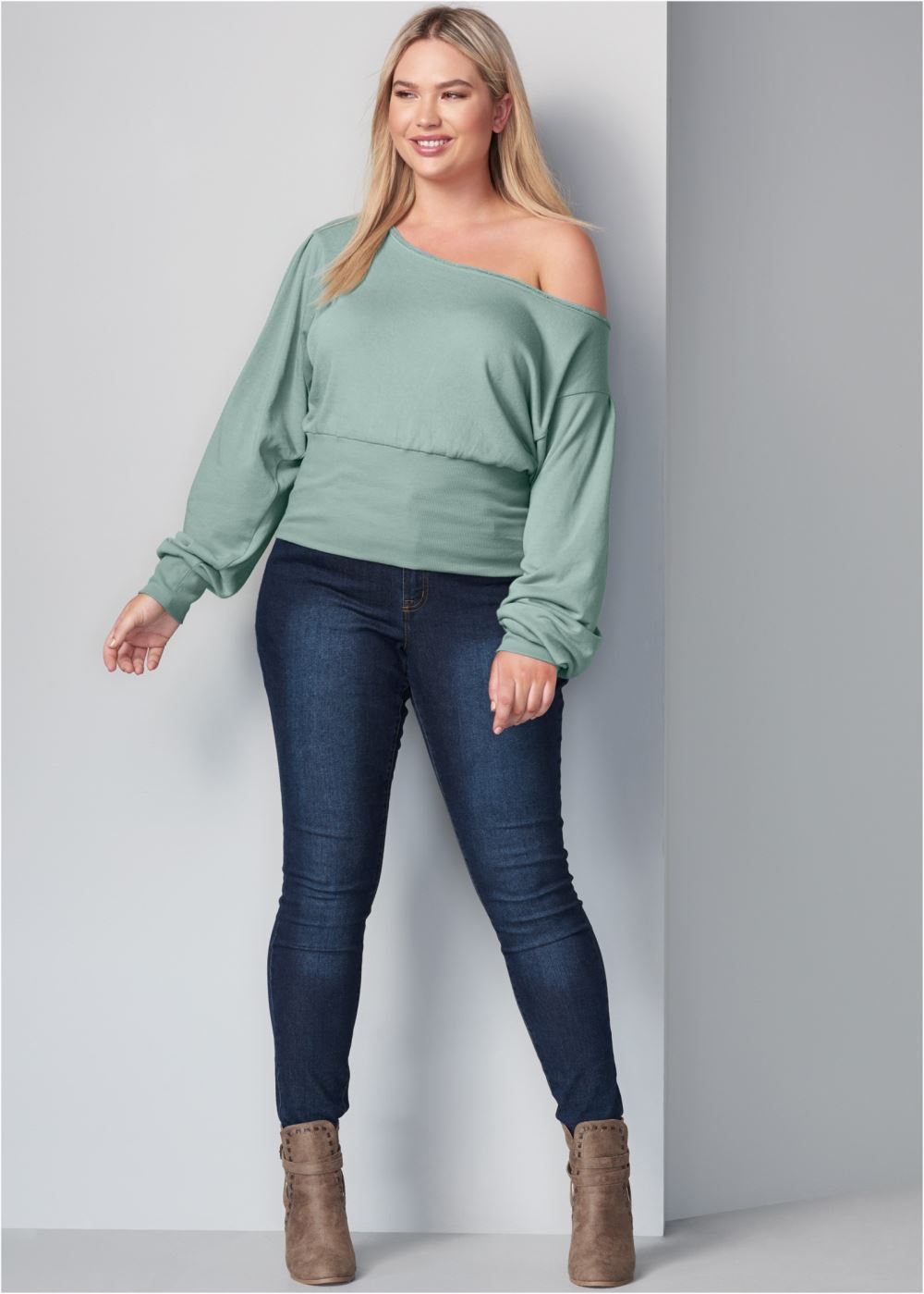 Venus Plus Size Off-Shoulder Sweatshirt in Blue Surf