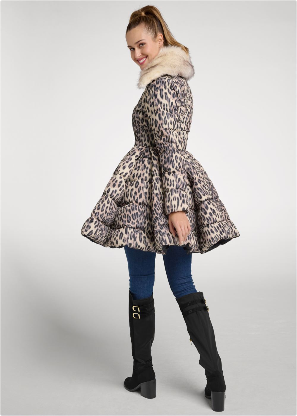 Venus Peplum Puffer Coat in Off White Multi