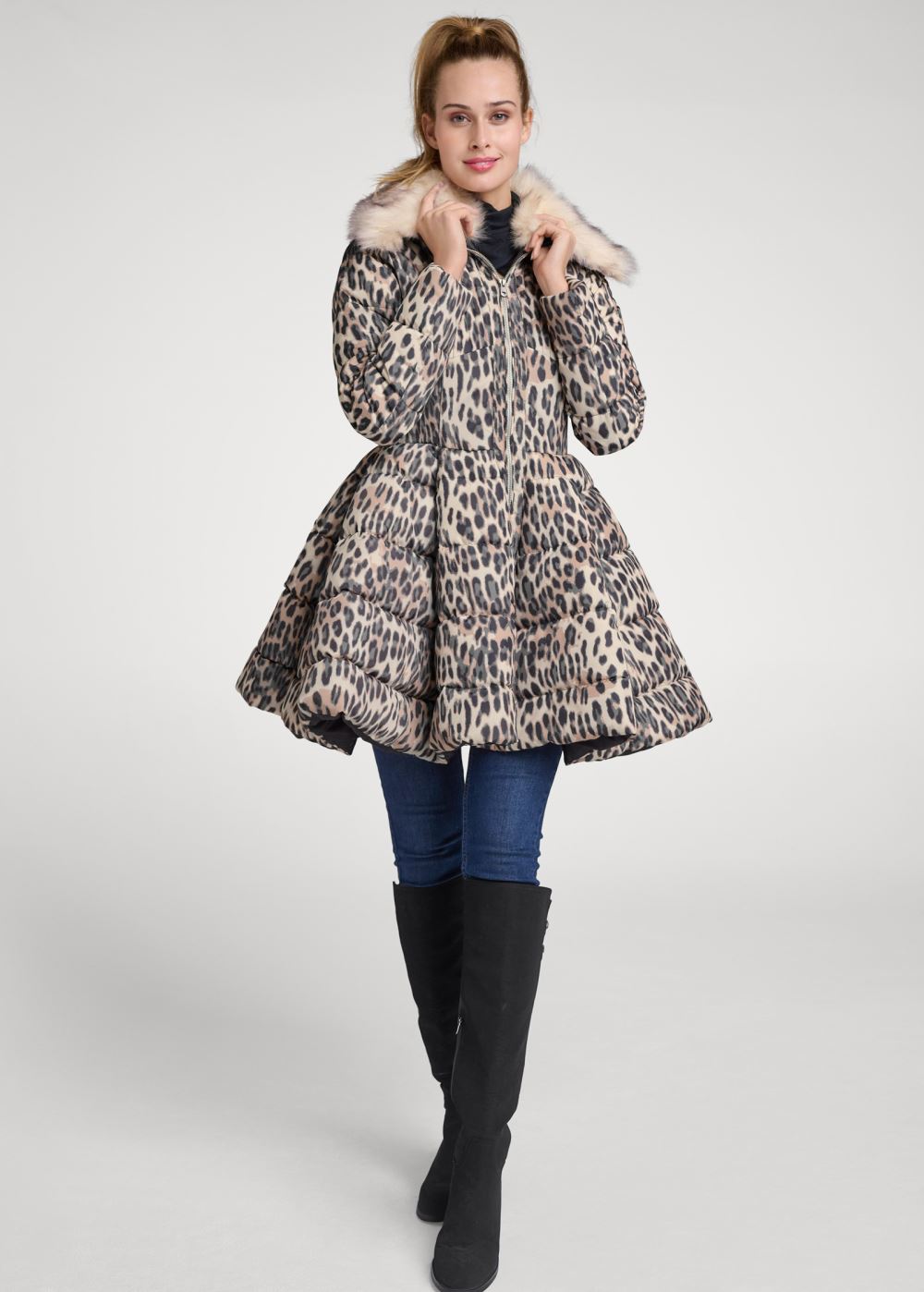 Venus Peplum Puffer Coat in Off White Multi