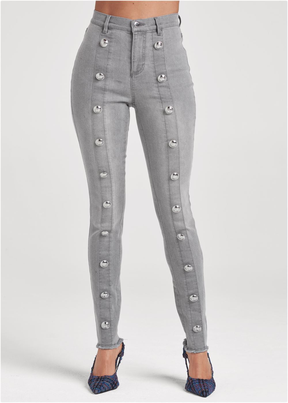 Venus Plus Size Button Detail Skinny Jeans in Grey Denim