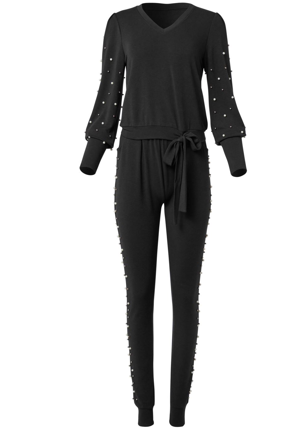 Venus Plus Size Pearl Detail Lounge Pant Set in Black