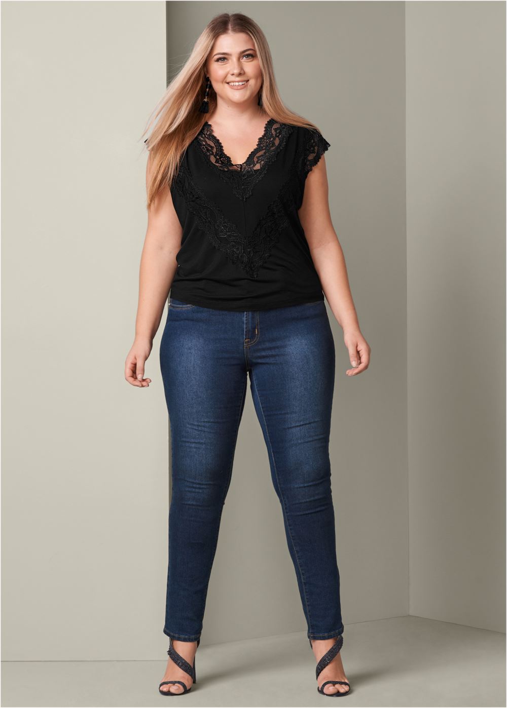 Venus Plus Size Lace Inset V-Neck Top