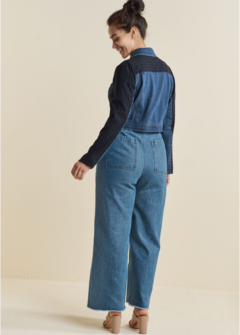 Venus Denim And Pinstripe Blazer in Medium Wash